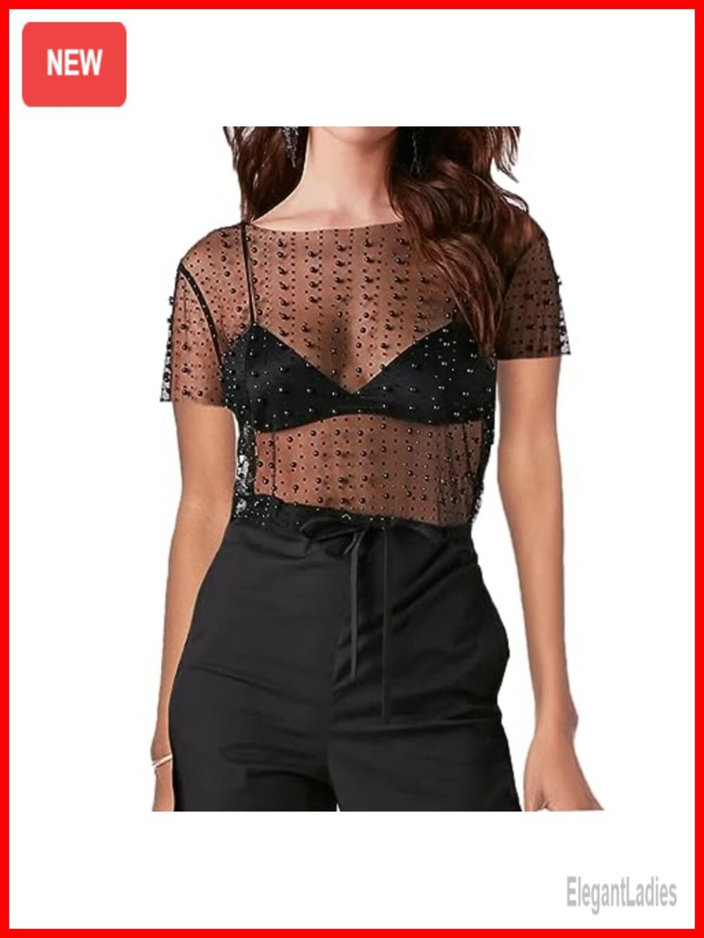 Pearl Rhinestone Sheer Mesh Crop Tee Short Sleeve Slim Fit Club Top